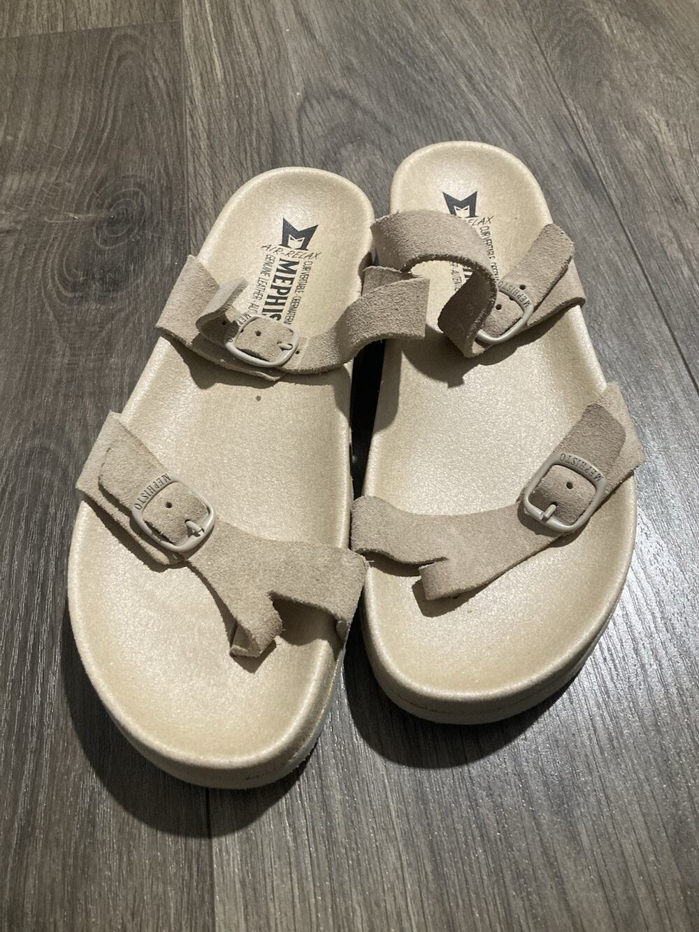 Mephisto Helen Tan Leather Sandals Womens 37 Euro Brown Cork Footbed Slides